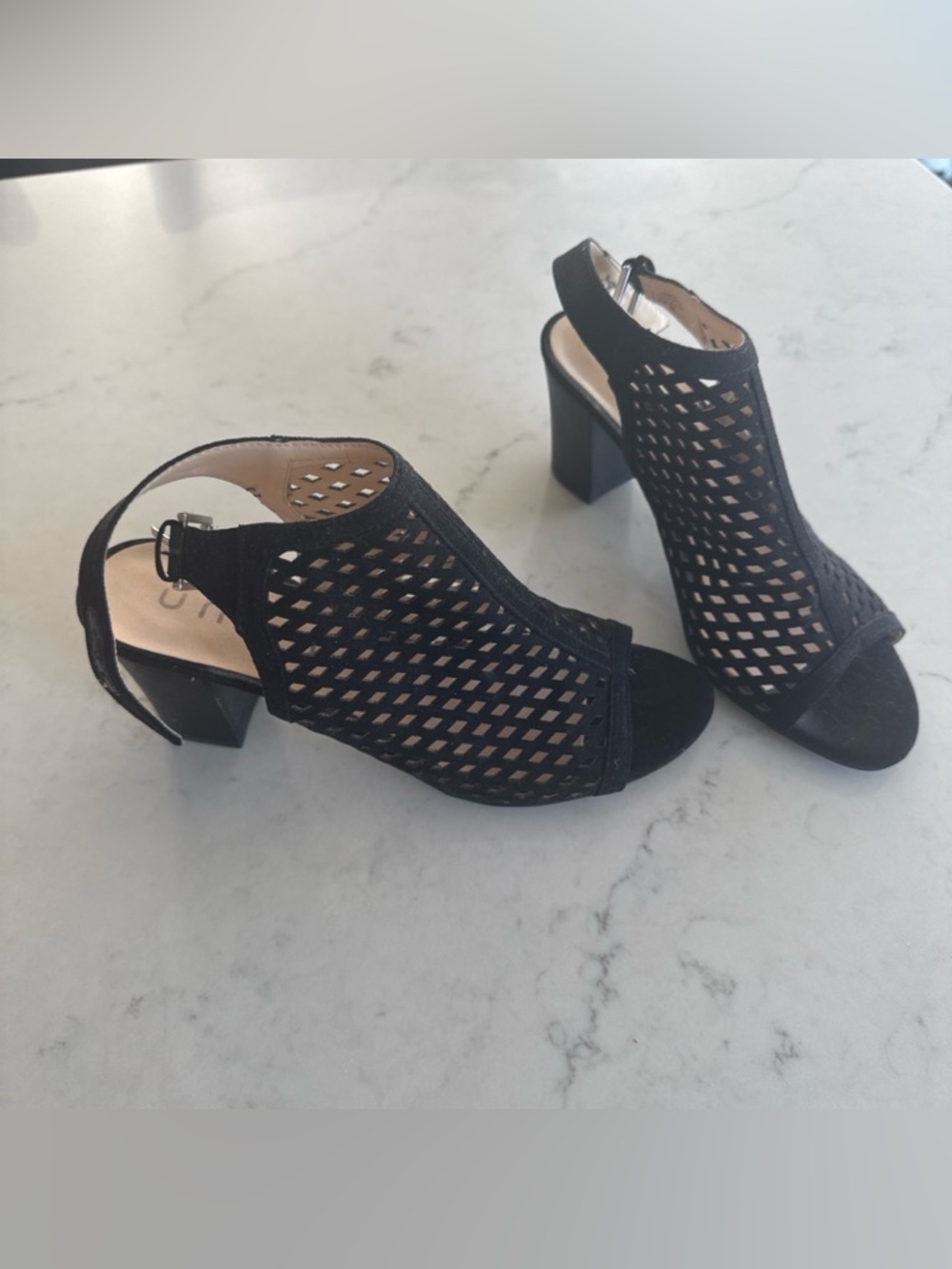 Unisa Black Laser-Cut Open-Toe Block Heel Slingbacks